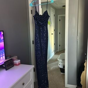 Windsor Navy Blue Sequin Prom w Slit